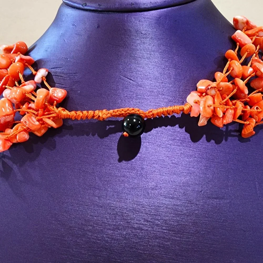 Artisan Mid-Century MCM Orange Coral Abalone Shell 10-Strand Statement Necklace